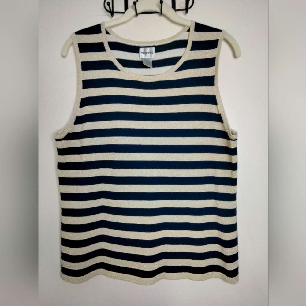 Chico's (Size 3/XL/16) Navy Blue & Gold Metallic Striped Sleeveless Tank Blouse